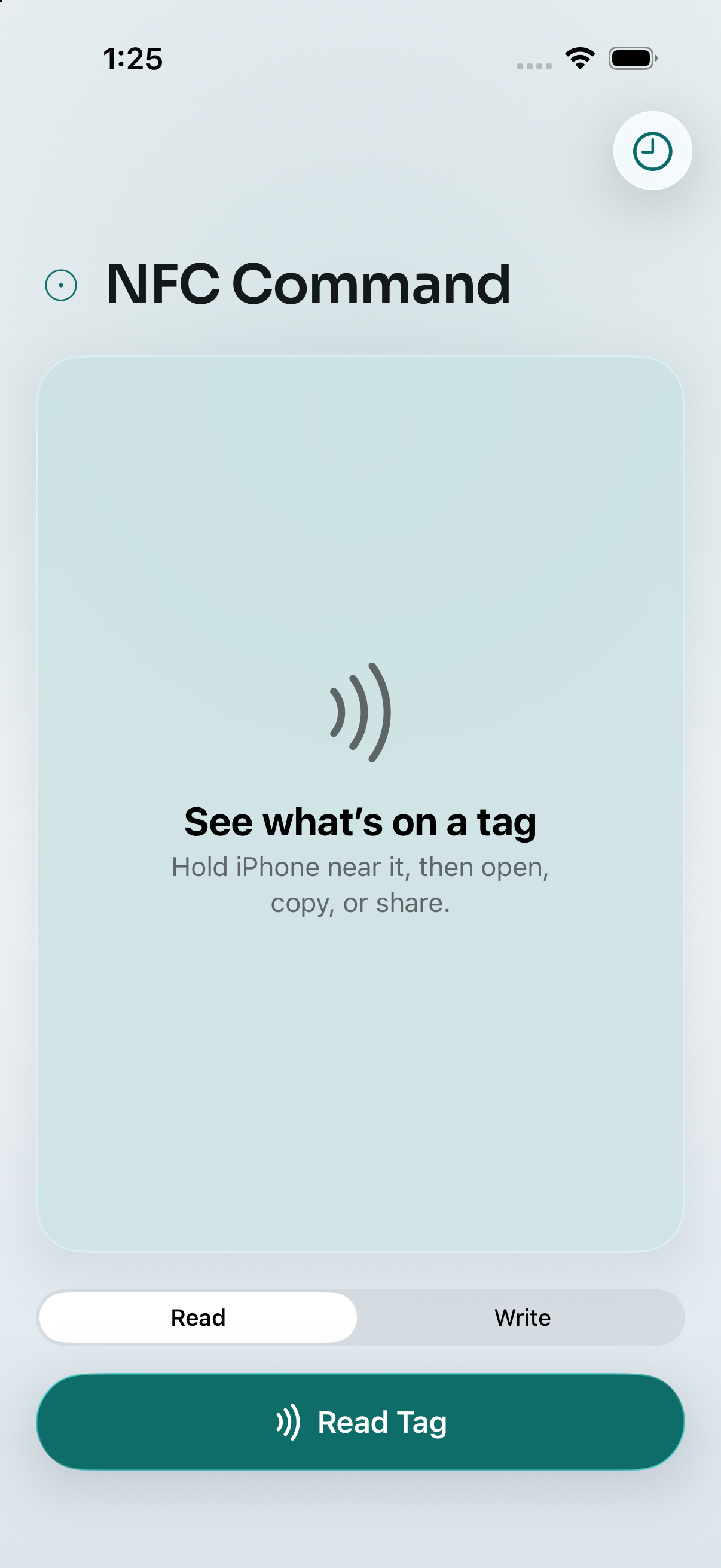 NFC Command home on iPhone: Listening Ring wordmark, Read mode, and a Read Tag control.